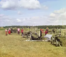 Haying, near rest time [Russian Empire], 1909. Creator: Sergey Mikhaylovich Prokudin-Gorsky