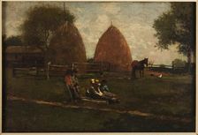 Haystacks and Children, 1874. Creator: Winslow Homer
