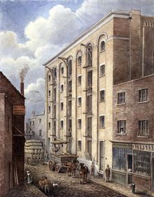 Hay's Wharf with carts being loaded up outside, Bermondsey, London, 1834