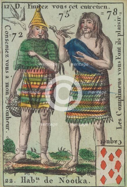 Hab.t de Nootka from Playing Cards (for Quartets) 'Costumes des Peuples Étrangers',1700-1799. Creator: Anon.