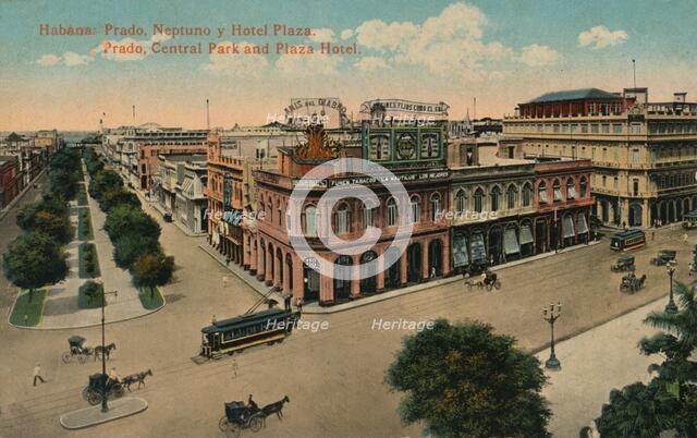 Habana: Prado, Neptuno y Hotel Plaza. Prado, Central Park and Plaza Hotel, c1910. Artist: Unknown