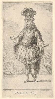 Habit de Roy: a man wearing a tonnelet decorated with rosettes, a crown and a turban w..., ca. 1721. Creator: Francois Joullain