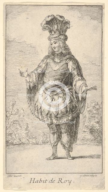 Habit de Roy: a man wearing a tonnelet decorated with rosettes, a crown and a turban w..., ca. 1721. Creator: Francois Joullain.