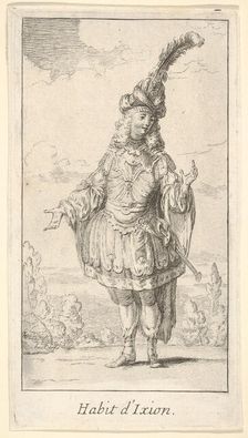 Habit d'Ixion: a man wearing a tonnelet with a sword in the belt, a turban with one la..., ca. 1721. Creator: Francois Joullain