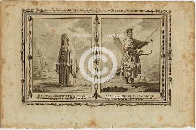 Habits of a Moscovite Woman and Arms and Dress of a Kalmyk, ca 1730. Artist: Grainger, William (active 1784-1793)