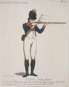 Hackney Volunteer firing a rifle, 1798. Artist: Anon