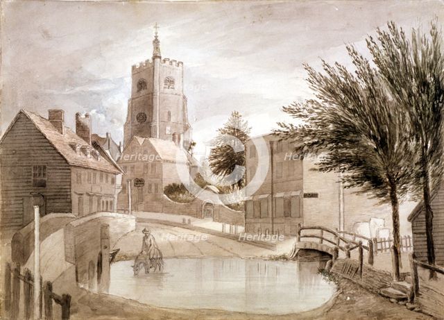 Hackney Brook and St John's church, Hackney, London, c1790. Artist: Unknown