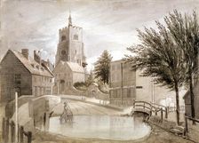 Hackney Brook and St John's church, Hackney, London, c1790