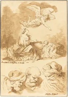Hagar Consoled by an Angel (from a painting by Castiglione) and Three Heads of Old Men..., 1774. Creator: Jean Claude Richard Saint-Non