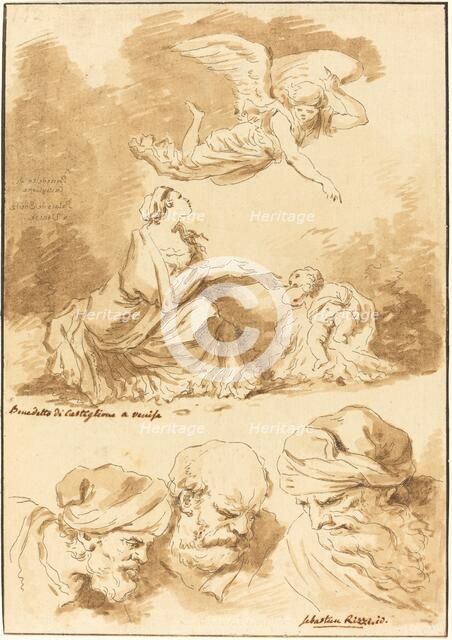 Hagar Consoled by an Angel (from a painting by Castiglione) and Three Heads of Old Men..., 1774. Creator: Jean Claude Richard Saint-Non.