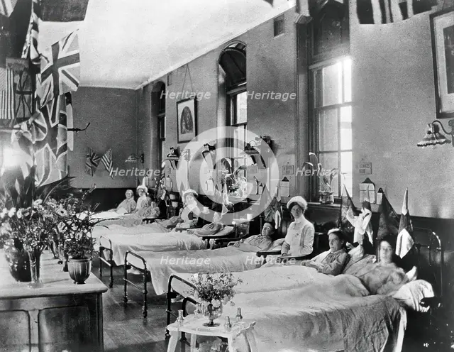 Hahnemann Hospital and Homeopathic Dispensaries, Liverpool: a women's ward, decorated..., [1910?]. Creator: Unknown.