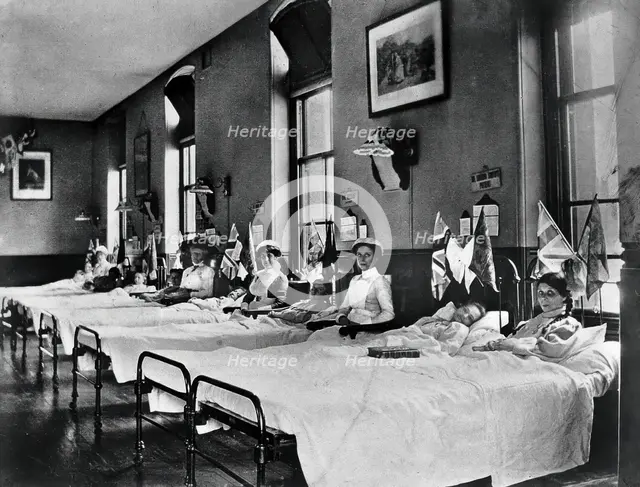 Hahnemann Hospital and Homeopathic Dispensaries, Liverpool: a women's ward, decorated..., [1910?]. Creator: Unknown.