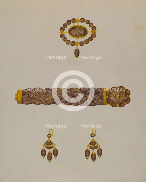 Hair Bracelet, Earrings, and Brooch, c. 1936. Creator: Florence Stevenson.