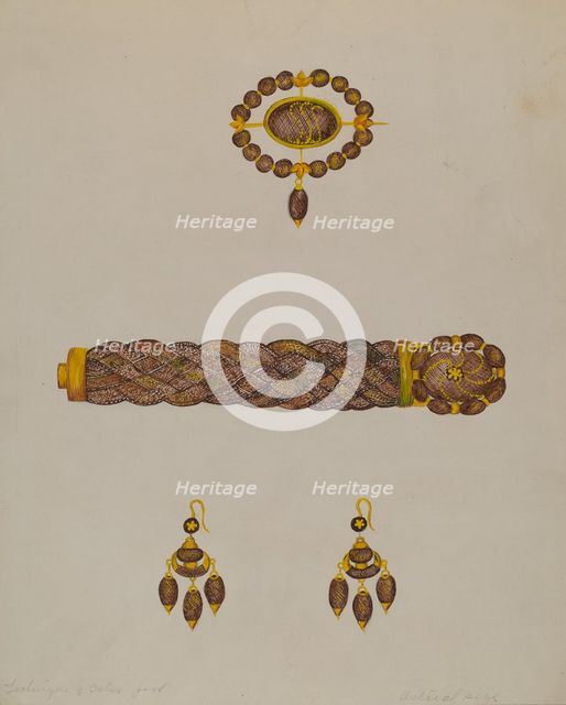 Hair Bracelet, Earrings, and Brooch, c. 1936. Creator: Florence Stevenson.