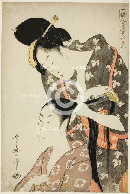 Hairdresser, from the series "Twelve Types of Women's Handicraft (Fujin tewaza..., Japan, c1798/99. Creator: Kitagawa Utamaro.