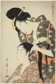 Hairdresser, from the series "Twelve Types of Women's Handicraft (Fujin tewaza..., Japan, c1798/99. Creator: Kitagawa Utamaro