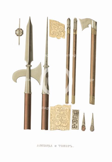 Halberd and battle axe. From the Antiquities of the Russian State, 1849-1853. Creator: Solntsev, Fyodor Grigoryevich (1801-1892).