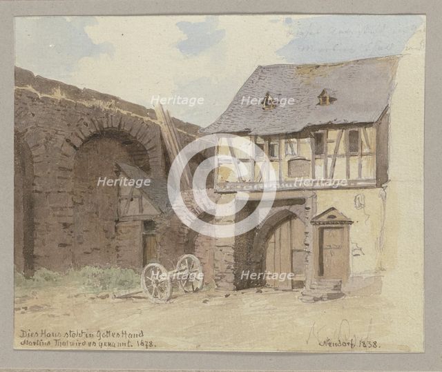 Half-timbered house leaning against a wall in Neudorf near Eltville, 1838. Creator: Carl Theodor Reiffenstein.