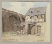 Half-timbered house leaning against a wall in Neudorf near Eltville, 1838. Creator: Carl Theodor Reiffenstein