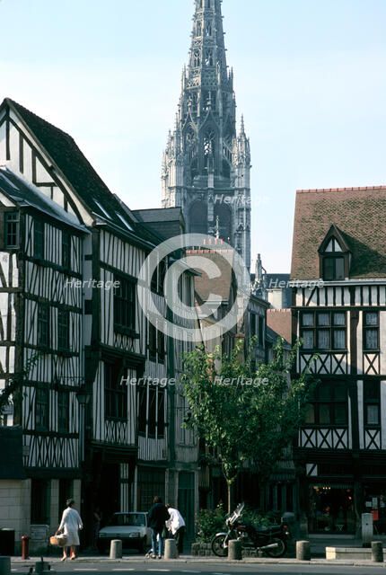 Half-timbered houses with St Maclou Church in the background, Rouen, Normandy, France