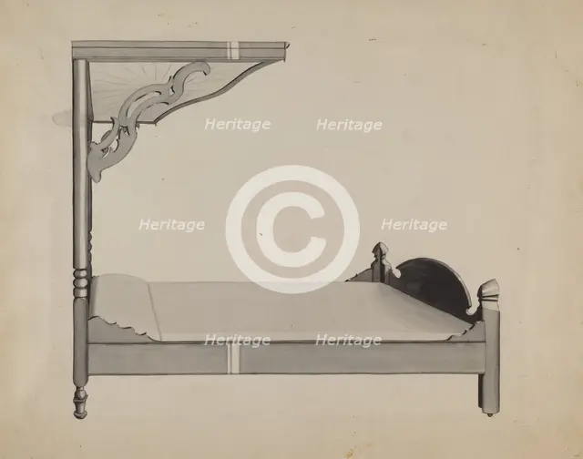 Half-canopy Carved Bed, c. 1936. Creator: Dorothy Posten.