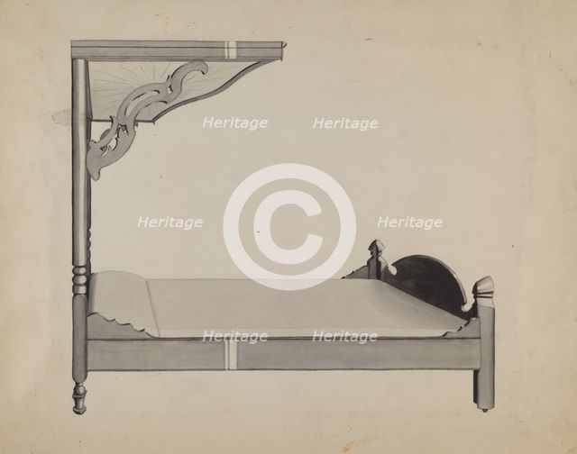 Half-canopy Carved Bed, c. 1936. Creator: Dorothy Posten.