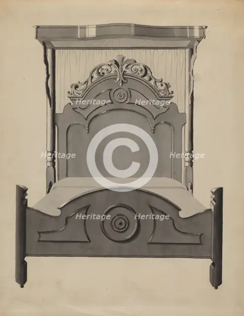 Half-canopy Carved Bed, c. 1936. Creator: Dorothy Posten.