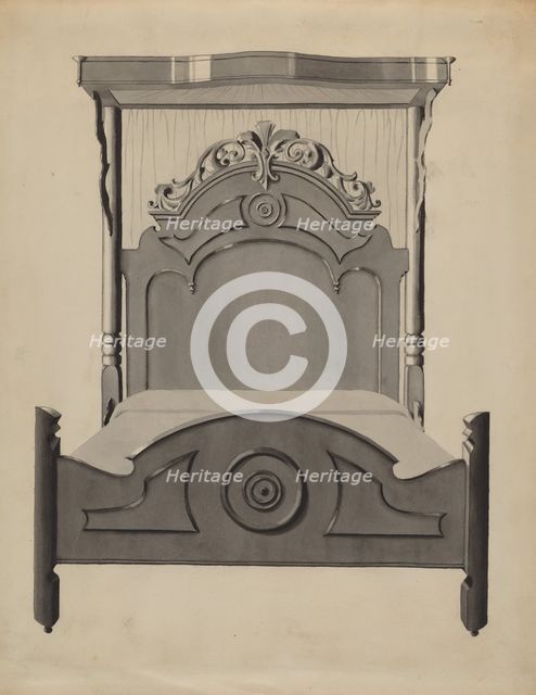 Half-canopy Carved Bed, c. 1936. Creator: Dorothy Posten.