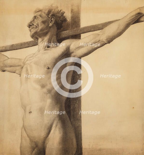 Half-length nude model with his arms extended on a cross, 1881. Creator: Theodore Clement Steele.