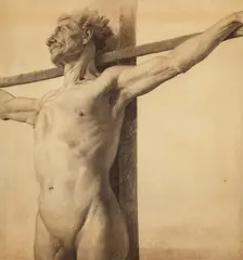 Half-length nude model with his arms extended on a cross, 1881. Creator: Theodore Clement Steele