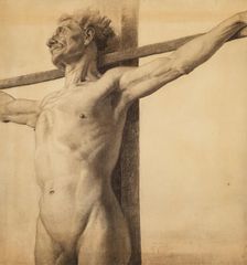 Half-length nude model with his arms extended on a cross, 1881. Creator: Theodore Clement Steele