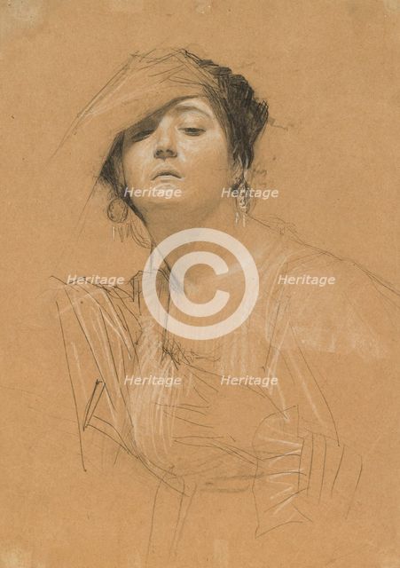 Half-Length Portrait of a Woman with Her Hand on Her Forehead, 1884-1885. Creator: Klimt, Gustav (1862-1918).