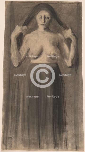 Half-Nude Woman Holding Her Hair Apart, c. 1898. Creator: Paula Modersohn-Becker.
