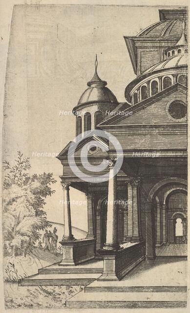 Half of Building [Templum Saturni] from the series 'Ruinarum variarum fabricarum delineati..., 1554. Creator: Lambert Suavius.