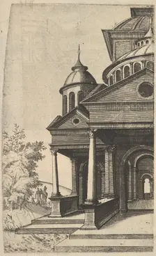 Half of Building [Templum Saturni] from the series Ruinarum variarum fabricarum delineati..., 1554. Creator: Lambert Suavius