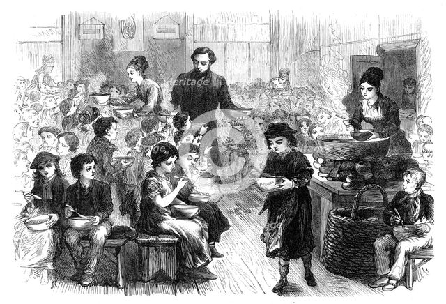 Halfpenny dinners for poor children in East London, 1870. Creator: Unknown.