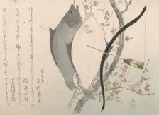 Halibuts and a Bow with Arrow Hanging on a Plum Tree, 19th century., 19th century. Creator: Shinsai