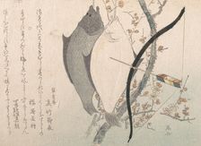 Halibuts and a Bow with Arrow Hanging on a Plum Tree, 19th century., 19th century. Creator: Shinsai