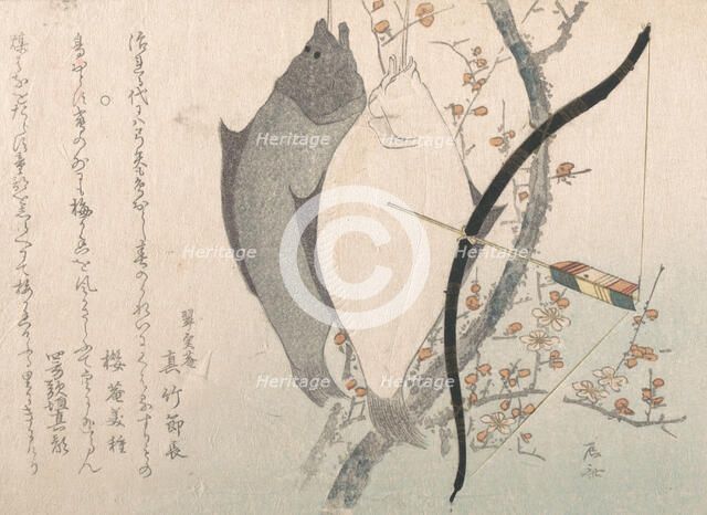 Halibuts and a Bow with Arrow Hanging on a Plum Tree, 19th century., 19th century. Creator: Shinsai.