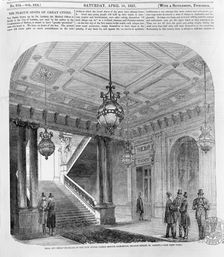 Hall and great staircase of the new Junior United Service clubhouse, St James's, London, 1857