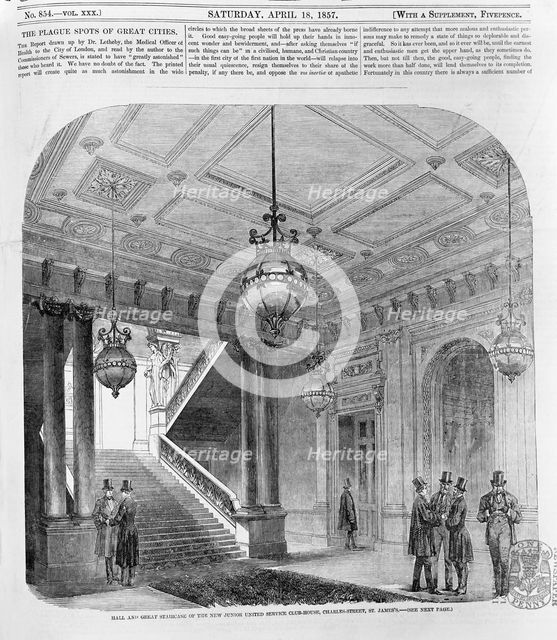 Hall and great staircase of the new Junior United Service clubhouse, St James's, London, 1857. Artist: Unknown