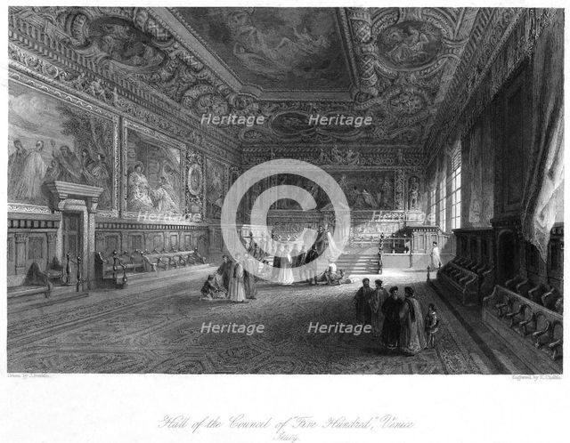 Hall of the Council of 'Five Hundred', Venice, Italy, 19th century.Artist: E Challis