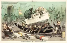 Halsabschneiden in Wall Street. Cartoon from Puck, 1881. Creators: Joseph Keppler, Bernhard Gillam