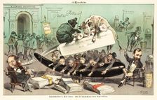 Halsabschneiden in Wall Street. Cartoon from Puck, 1881. Creators: Joseph Keppler, Bernhard Gillam