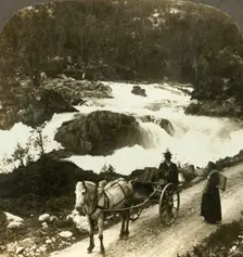 Halt of a stolkjaerre on the Telemarken road beside the foaming Little Rjukan Falls, Norway c1905 Creator: Unknown