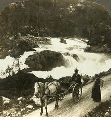 Halt of a stolkjaerre on the Telemarken road beside the foaming Little Rjukan Falls, Norway c1905 Creator: Unknown