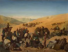 Halt of Caravans at the Wells of Saba (Beersheba) in the Desert South of Hebron, 1850. Creator: Charles-Louis-Frédy de Coubertin