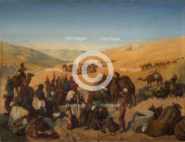Halt of Caravans at the Wells of Saba (Beersheba) in the Desert South of Hebron, 1850. Creator: Charles-Louis-Frédy de Coubertin.