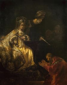 Haman Begging the Mercy of Esther, 1660s. Creator: Rembrandt van Rhijn (1606-1669)