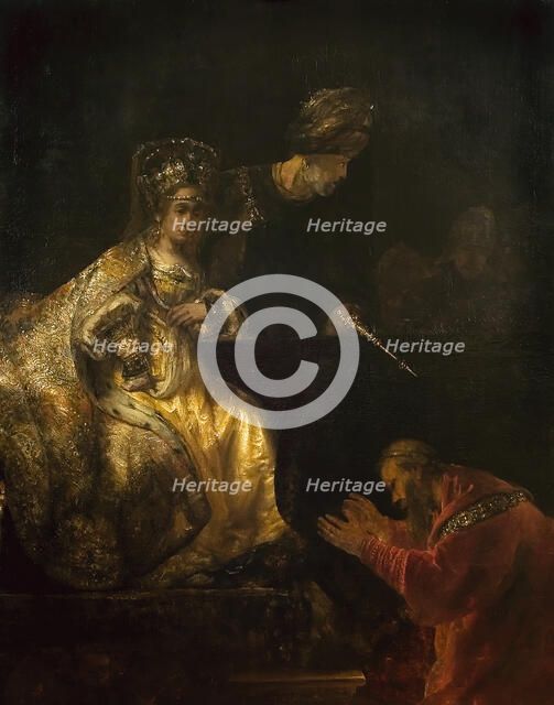 Haman Begging the Mercy of Esther, 1660s. Creator: Rembrandt van Rhijn (1606-1669).